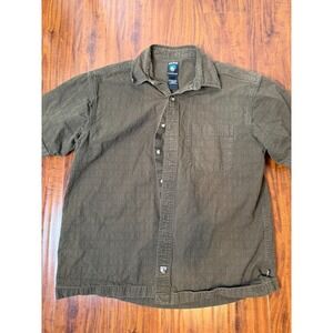 Kuhl Alf Button Up Shirt Mens SZ M Short Sleeve Green Brown Tencel Oversized